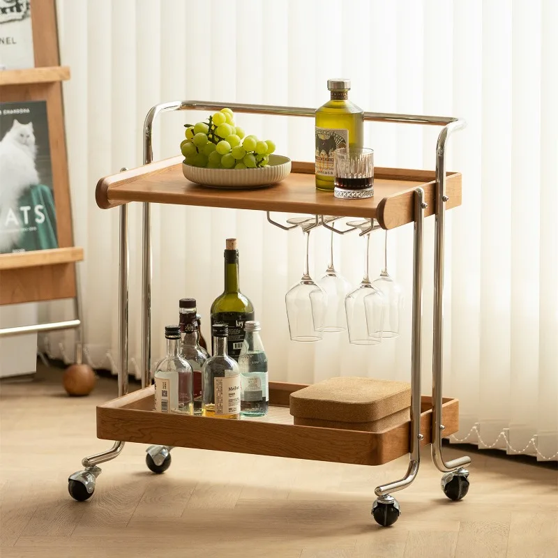 

Medieval trolley solid wood edge table living room coffee table sofa mobile trolley cherry wood rack