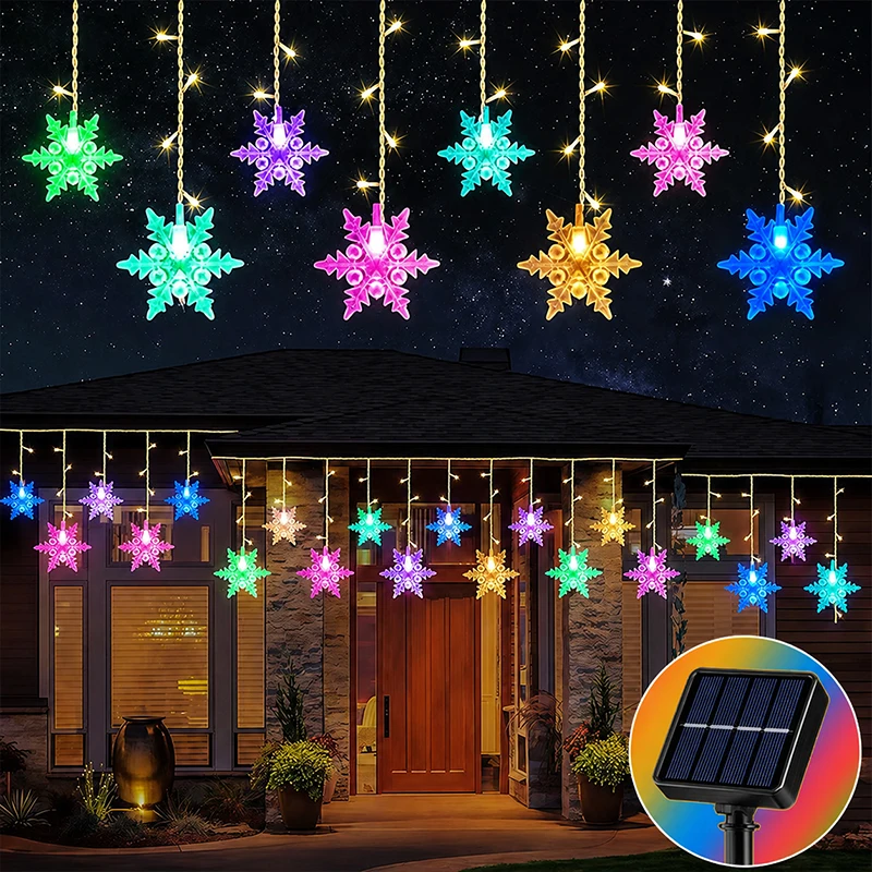 Solar LED Snowflake String Lights Outdoor Decorative Lighting IP54 Rating 8 Modes Wave Flashing Steady Light for Christmas Party