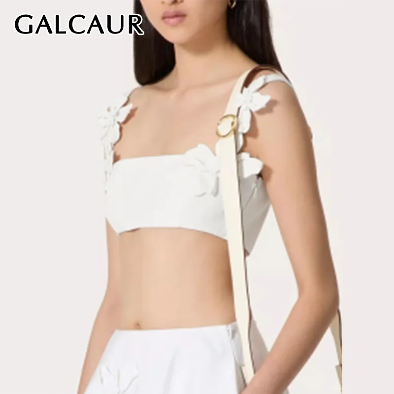 

GALCAUR Sexy Solid Crop Top For Women Square Collar Sleeveless Off Shoulder Backless Patchwork Appliques Slimming Vest Female