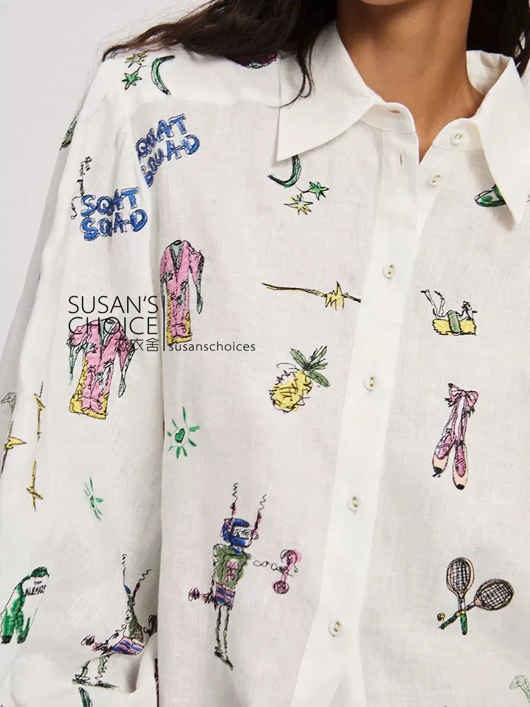 Susan Australian Linen Long Sve Embroidered Pattern Casual Loose irt Versatile Top Women's Busin Casual Faion