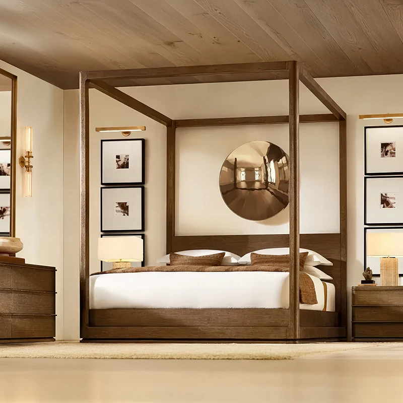RH  French American Style LIGNE Canopy Bed Luxury Wooden Bedroom Furniture Customized King Queen Double Size Bed Frame