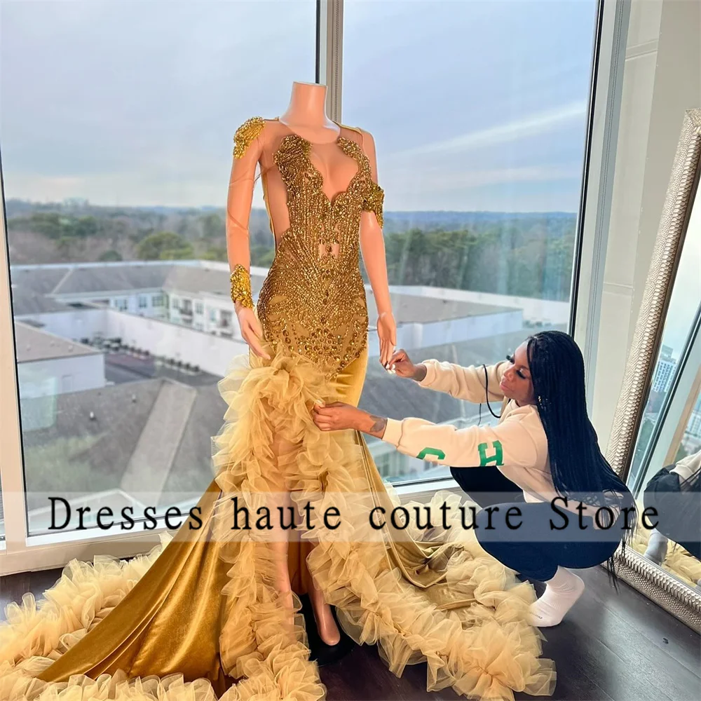 New Arrival Sparkly Gold Rhinestones Mermaid Prom Dresses 2024 For Black Girls Diamonds Beaded Side Slit Birthday Party Gowns