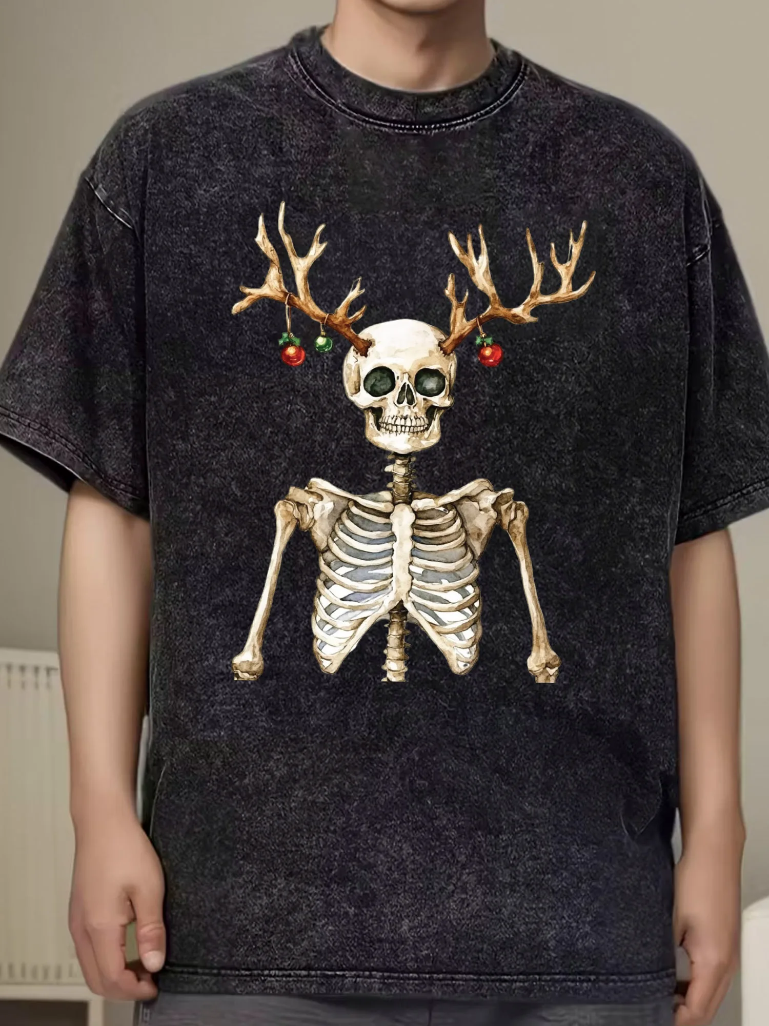 تي شيرت رجالي من القطن كبير الحجم من Skeleton Reindeer، تي شيرت برسومات مغسولة، تي شيرت عتيق ملابس الشارع للصيف