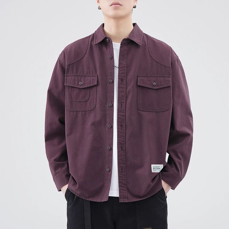 

Весенне-осенние новые повседневные рубашки-карго из чистого хлопка с длинными рукавами для мужчин, однотонная свободная мягкая уличная одежда