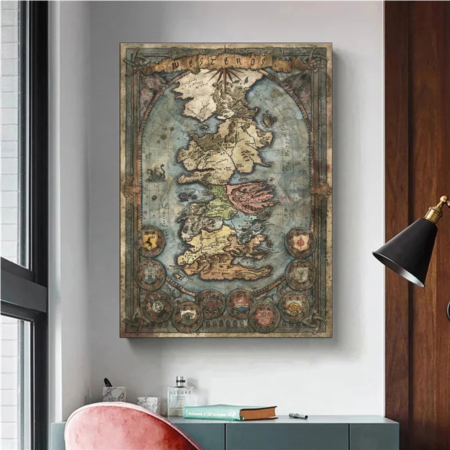 World Classic Game Map Westeros TV Movie Middle Earth Gift Poster Prints Canvas Painting Wall Art Picture Living Room Home Decor