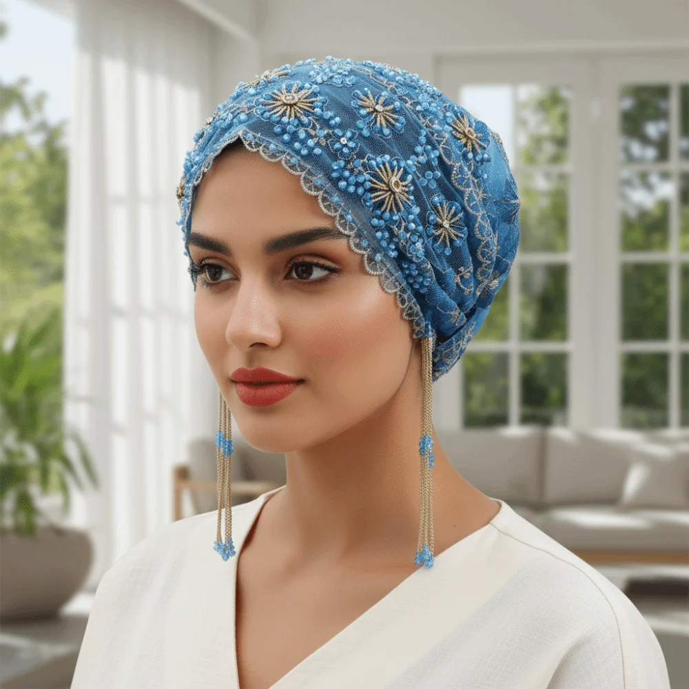 Shiny Beads Turban Hat Flower Embroidery Sheer Mesh Indian Headscarf Long Tassel Lightweight Fishtail Cap Religious Prayer