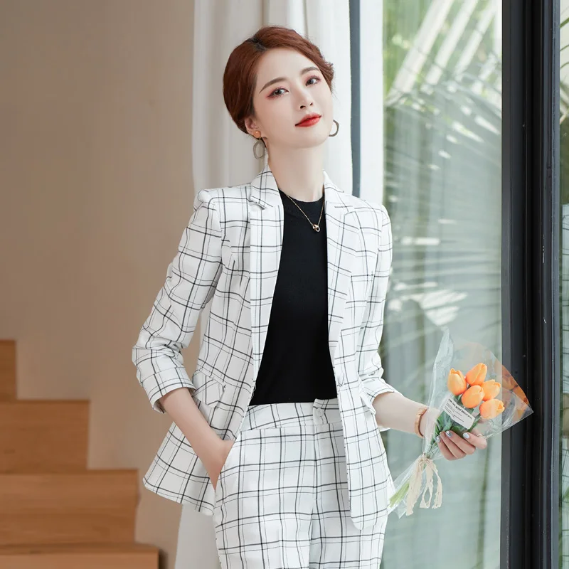 

Women Elegant Vintage Plaid Suit Blazer Jacke Coat Top And Pant Two Piece Set Matching Outfits Chic Prom Party Clothing 2023