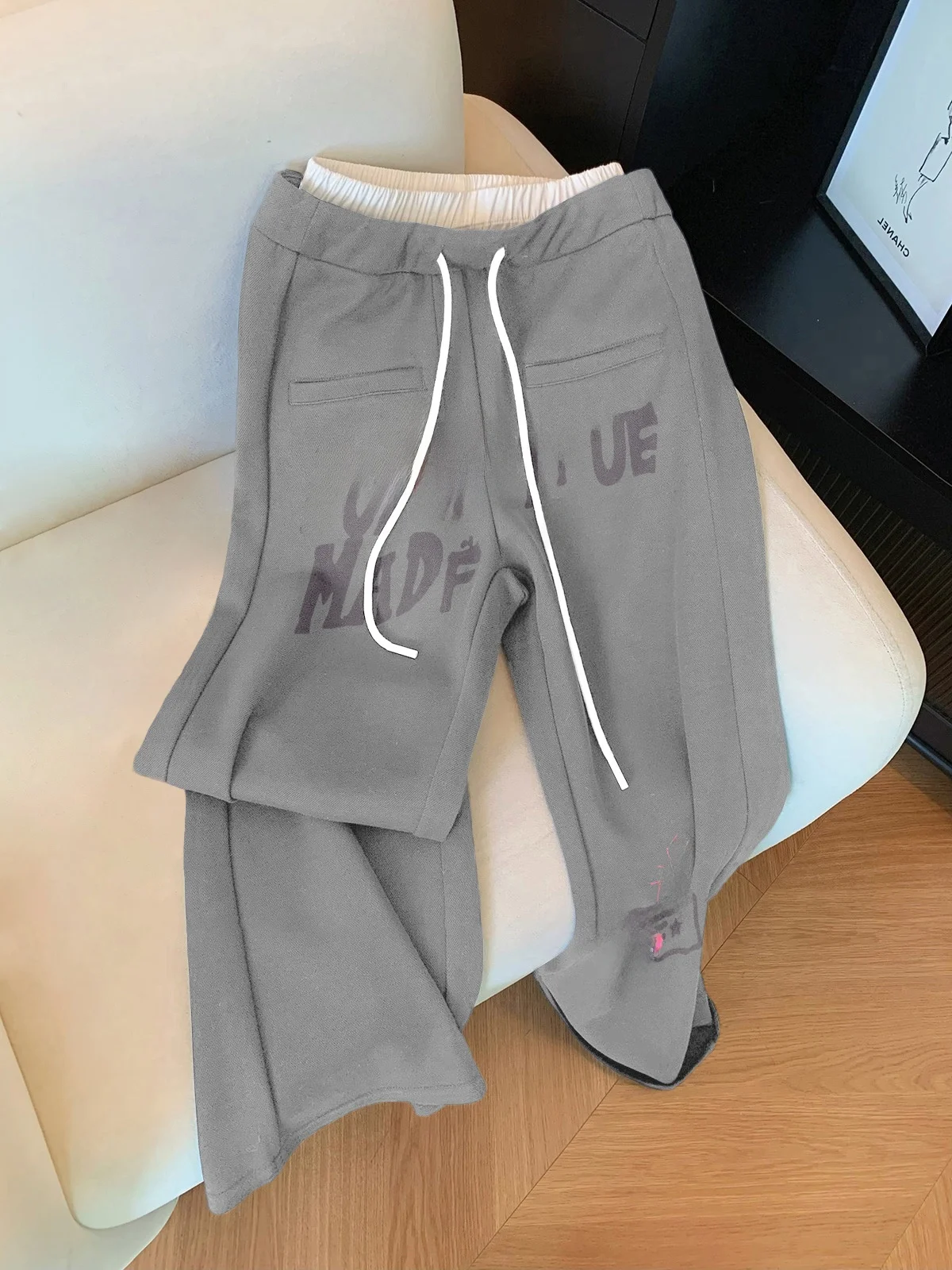 Faionable Anti-Aging Print Patchwork Dstring Straight Leg Casual Pants Women's Design Sensation  Loose Long Trousers