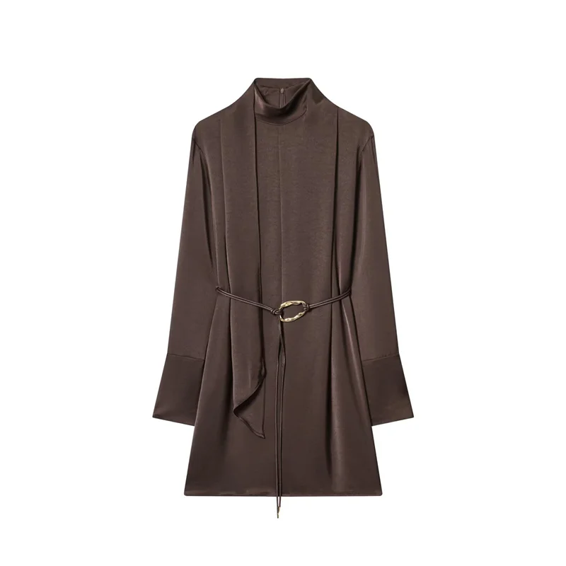 2026 New Women's Clothing High-Neck Scarf Ribbon Satin Dress Vintage Street-Style Dress