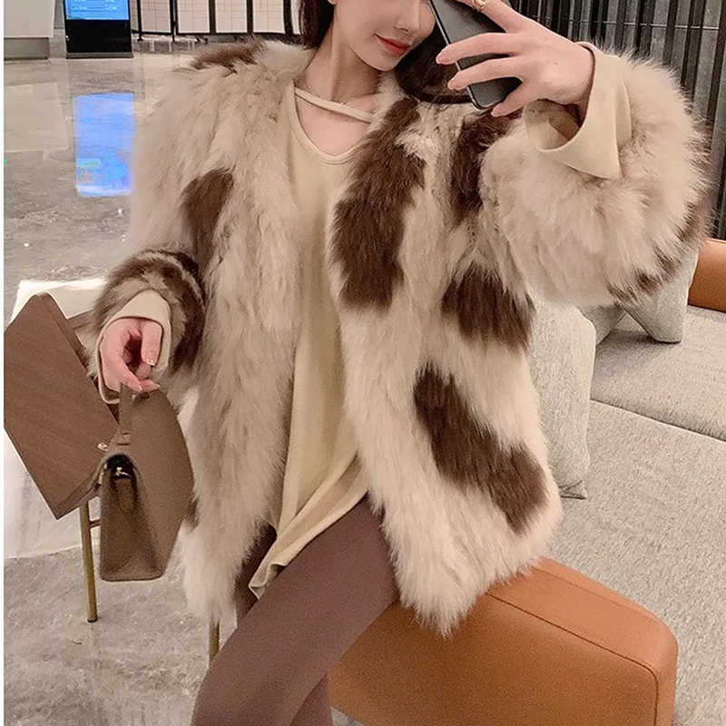 2024 Haining Fur Winter New Contrast Color Cow Double sided Woven Fox Fur Grass Temperament Luxury Coat