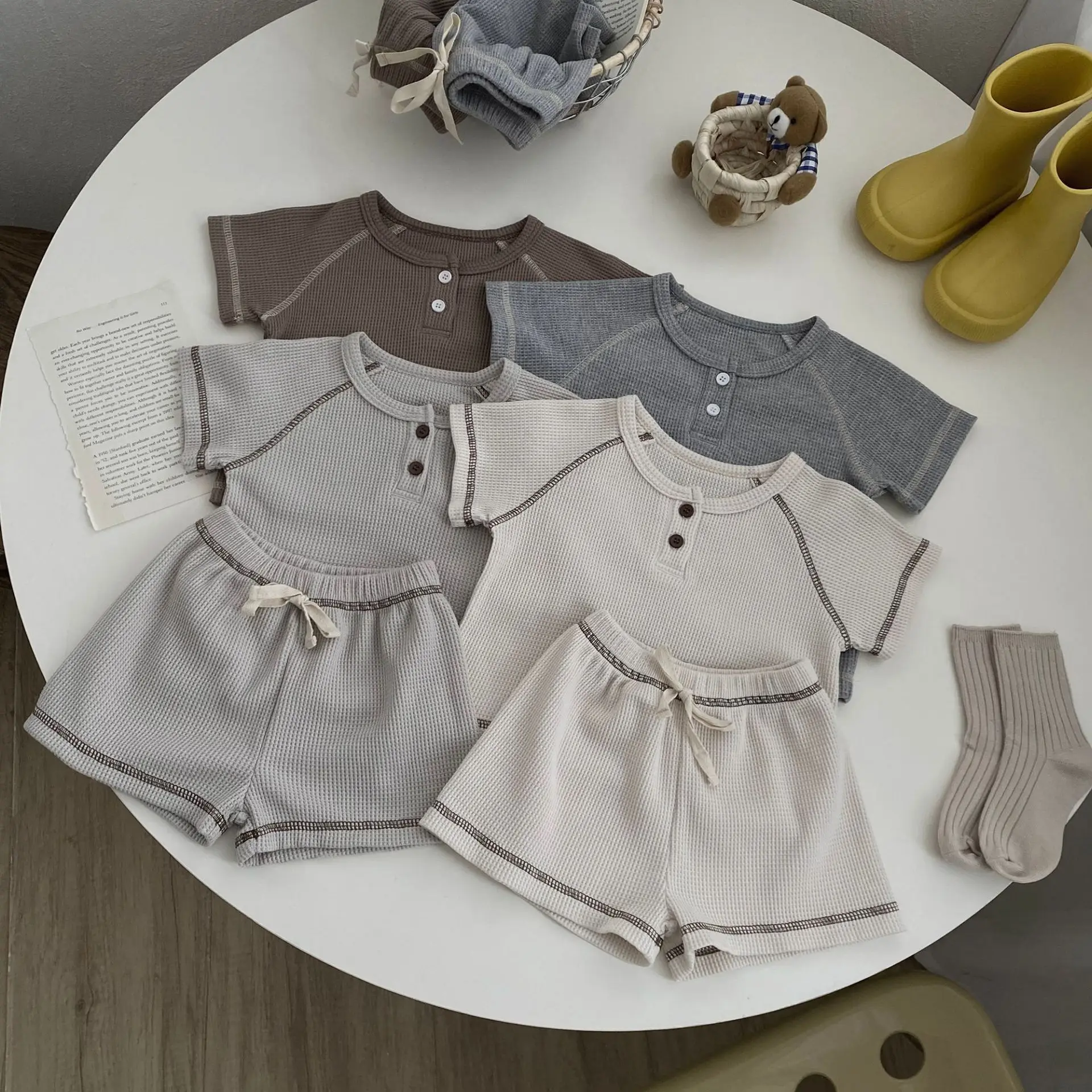 5650 Baby Clothing Set 2025 Summer Korean Waffle Boy's Suit Short Sleeve T Shirt+Short Casual Two-piece Suit