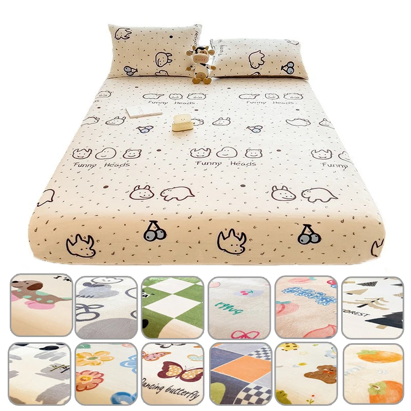 

1PC Cartoon Long Hair Fleece Fitted Bed Sheet Warm Plush Elastic Mattress Cover for Single Queen King Size Soft Winter Bedding