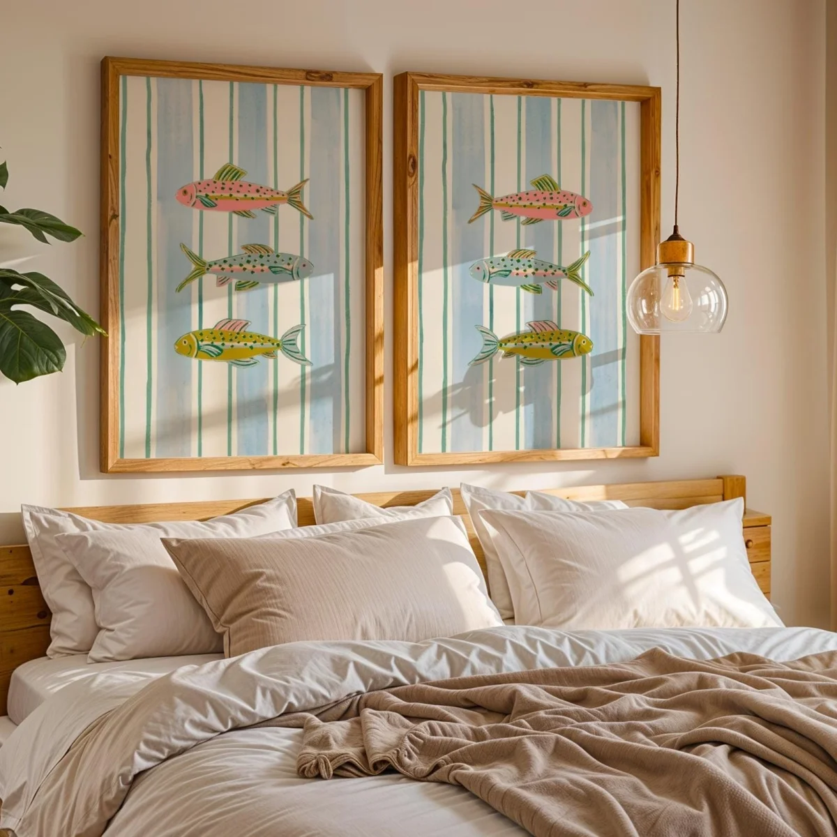 2pcs frameless Canvas Painting 2pcs/set Pastel Fish Striped Canvas Prints Poster Modern Nautical Coastal Art Prints Living Room