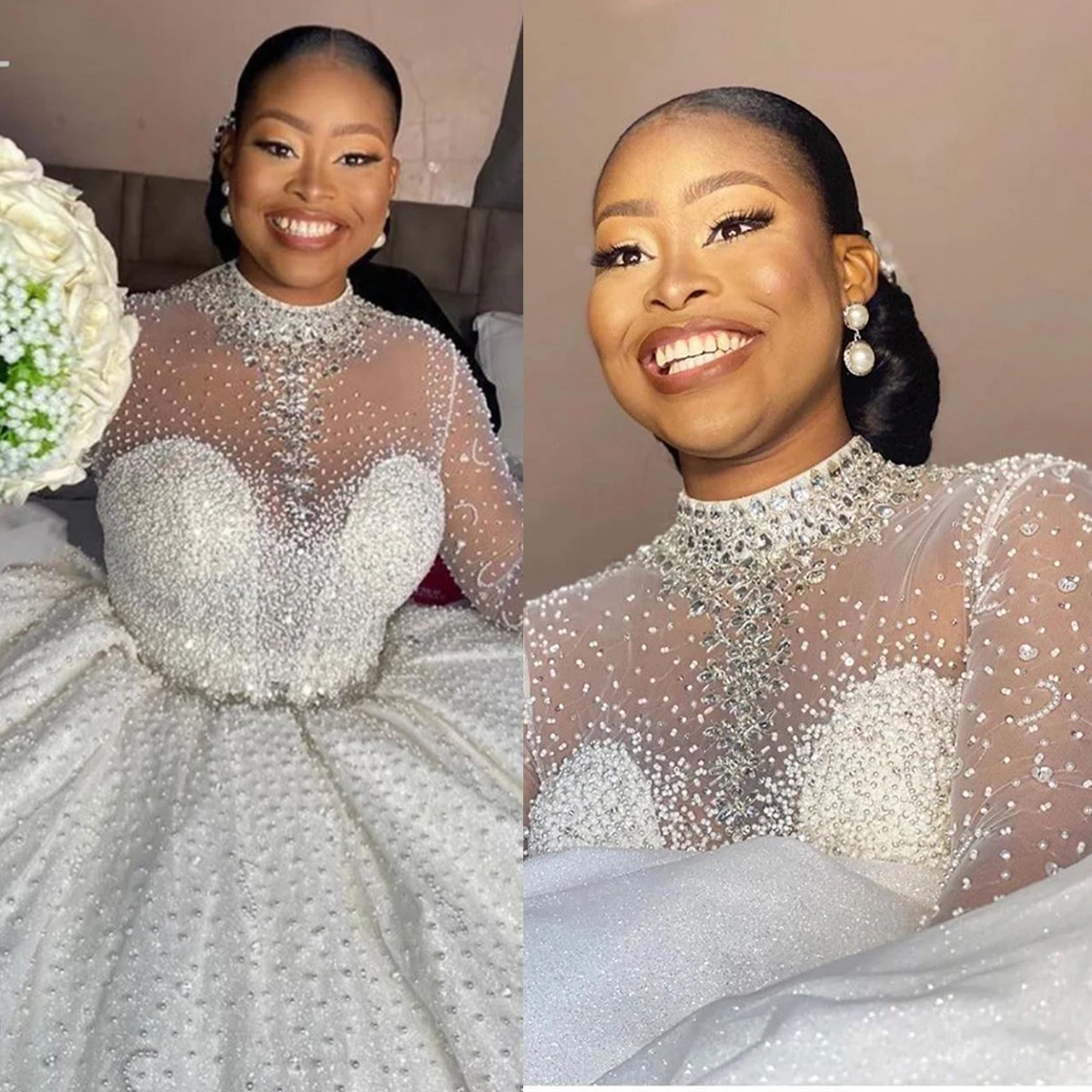 

Роскошное бальное платье, свадебные платья с высоким воротником и длинным рукавом, свадебные платья с кристаллами и бисером, индивидуальный пошив, платье для невесты