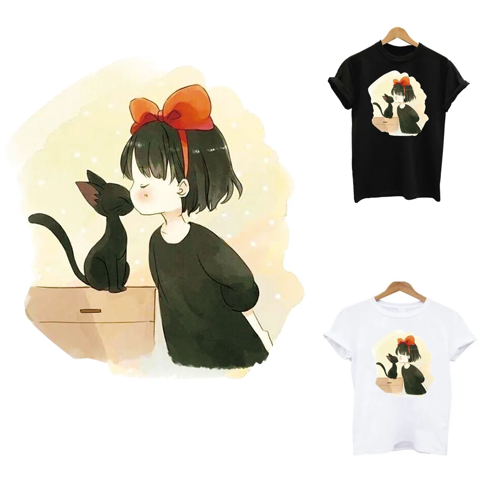 2Pcs/Lot The Kittens Cat Girl Iron On Heat Adhesive Thermal Transfer Fusible Patches For Clothing Women T-Shirt Ironing Sticker