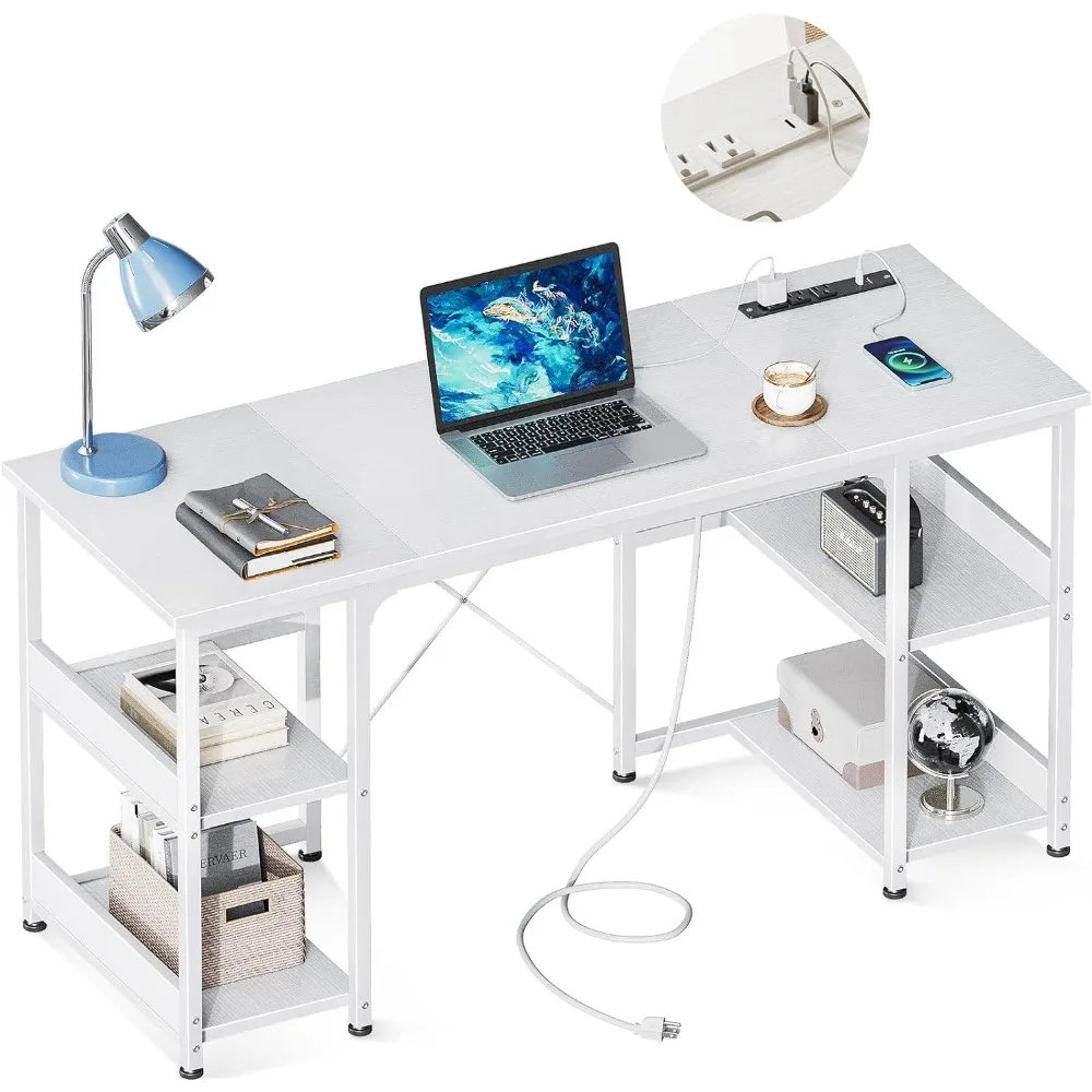 Petit bureau d'ordinateur avec prises de courant et port de charge USB, table de maison avec étagères de rangement, bureau d'ordinateur portable étudiant, 48 pouces