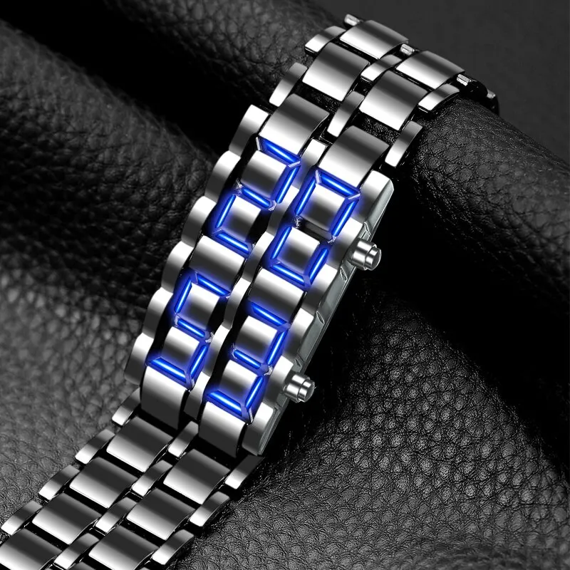 Fashion Silver Full Metal Digital Lava Wrist Watch Men Blue LED Display Mens Watches Gifts for Male Boy Sport Creative Clock