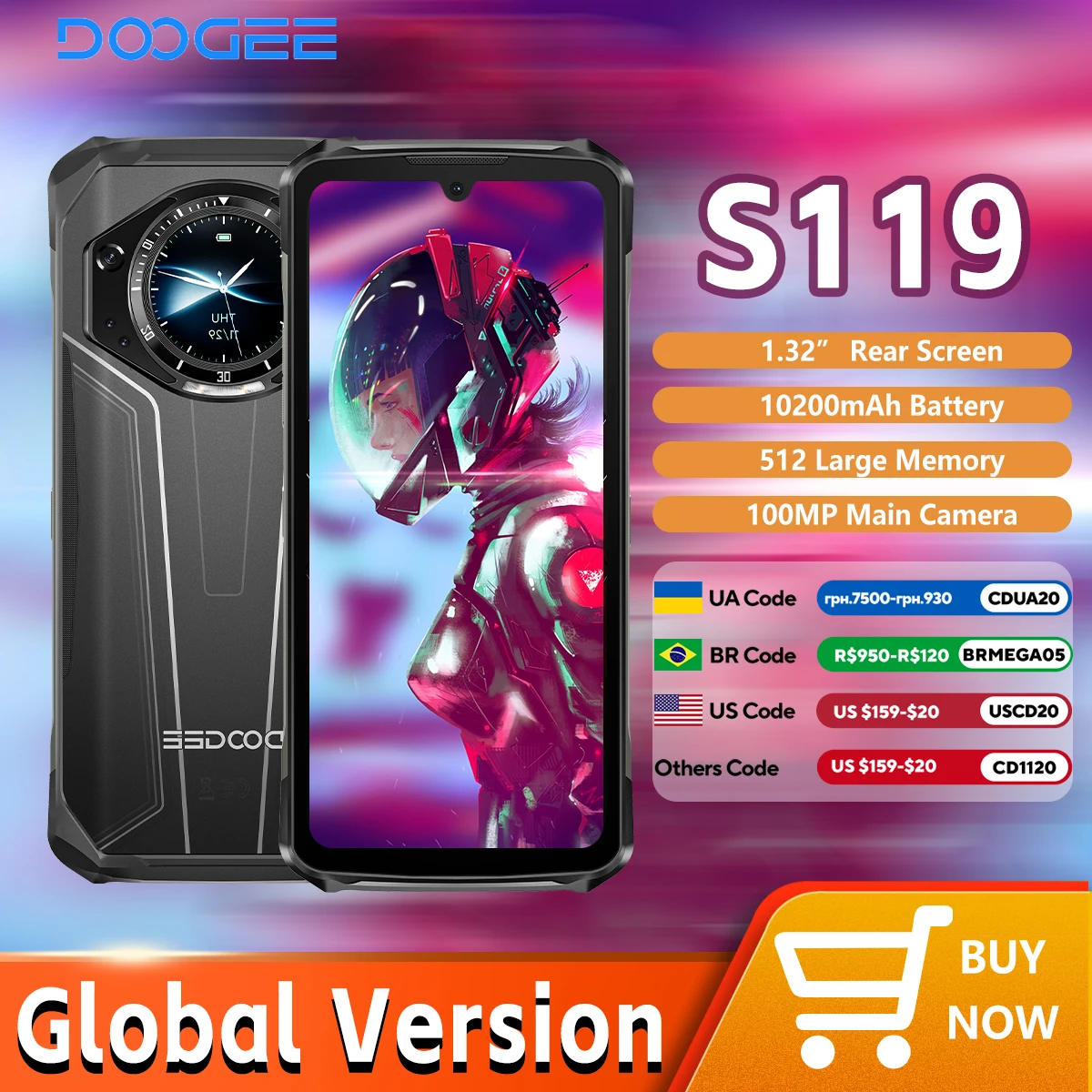 DOOGEE S119 Rugged Phone 6.72" FHD+ IPS Screen 8GB 512GB 100MP AI Main Camera 10200mAh Battery 33W Android 14 NFC