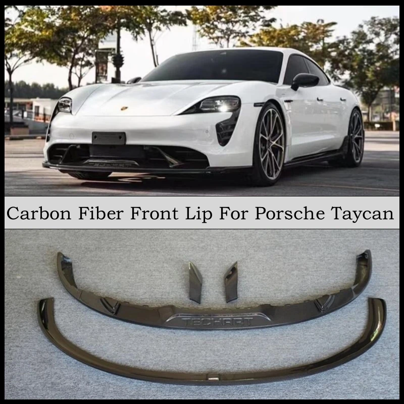 For Porsche Taycan 2019-2024 Real Carbon Fiber Front Lip Spoiler Bumper Diffuser Body Kit Splitter High Quality TECHARTModel