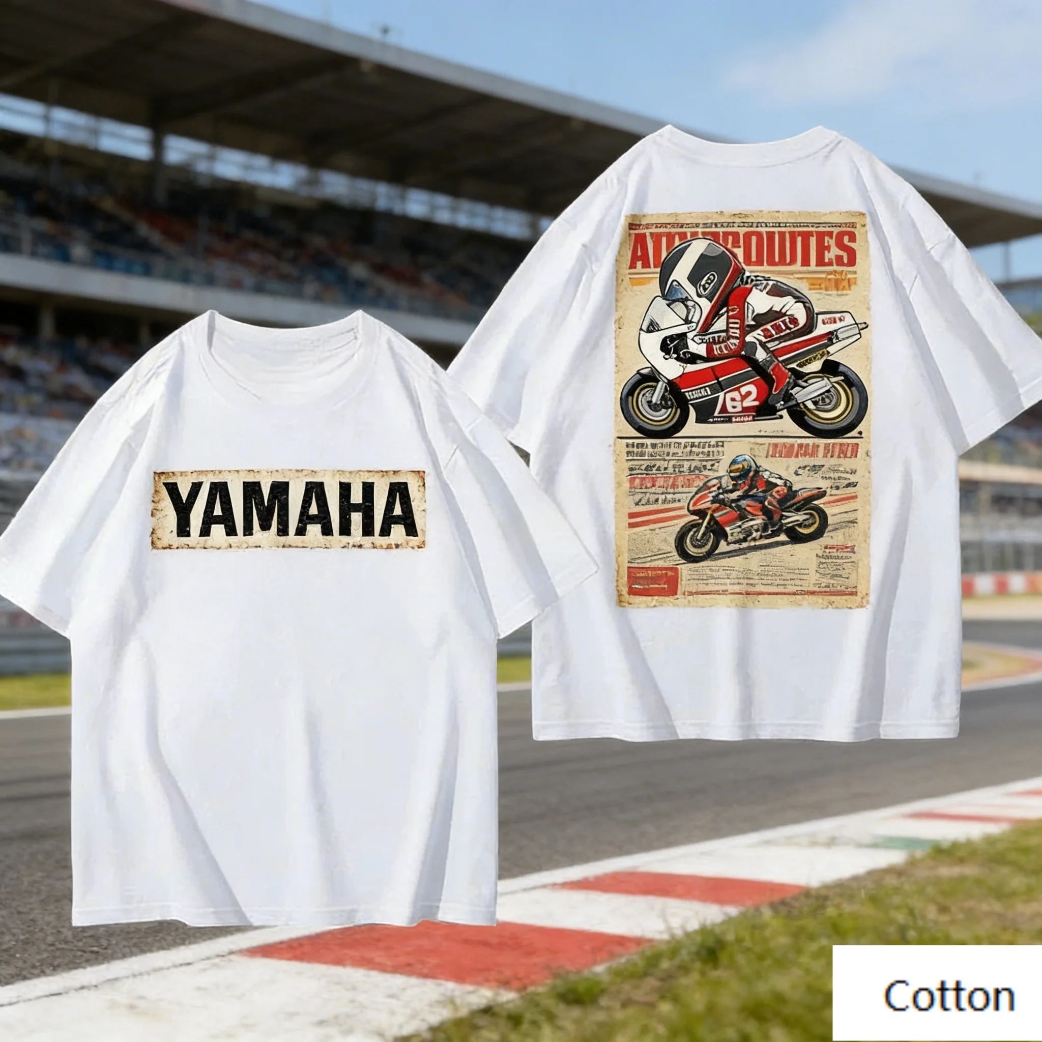 Retro YAMAHA Black Oversized Retro Racing Print Cotton T-Shirt Unisex Breathable Biker Street Top