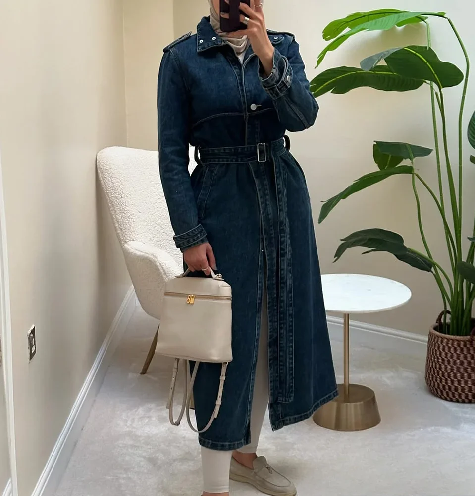 

KONDALA-женский модный плащ средней длины, воротник-стойка, пуговицы, пояс, ветровка, новинка 2024, осенне-зимнее уличное джинсовое пальто