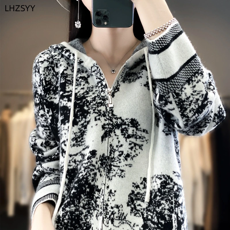 LHZSYY Hooded Cashmere Sweater Women\'s Zipper Knit Cardigan Autumn Winter New Graffiti Coat Warm Large size Shirt Ladies Jacket