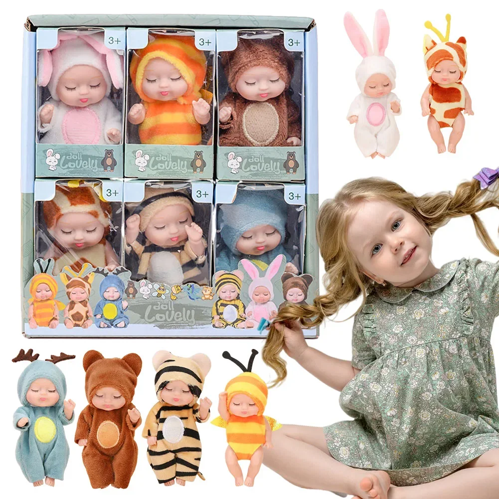 

6 Pcs 4inch Reborn Baby Doll Miniature Reborn Doll with Animal Clothes Movable Joints Kids Girls Toys for Children Birthday Gift