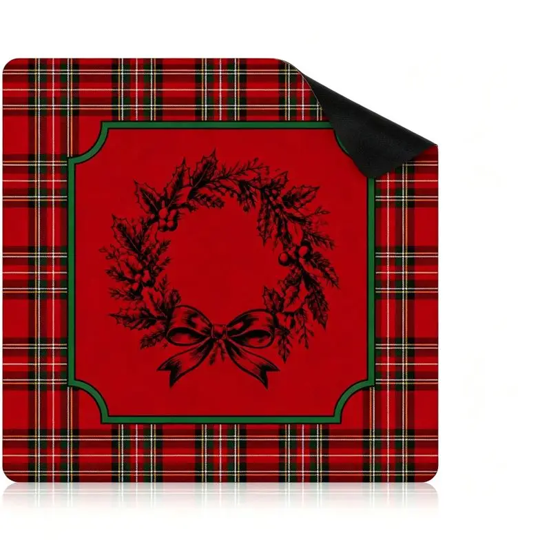 Square Mahjong Table Mat Vintage Santa Claus Holly Bow Snowflake Print Non‑Slip Silent Foldable Game Pad for Xmas Home Decor