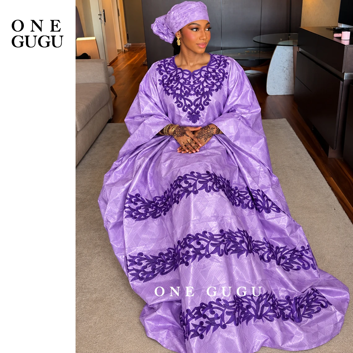 Purple Brocade Basin Dress With Headtie Nigerian Origianl 100% Cotton Bazin Riche Dashiki Wedding Party Boubou Gold Long Robe