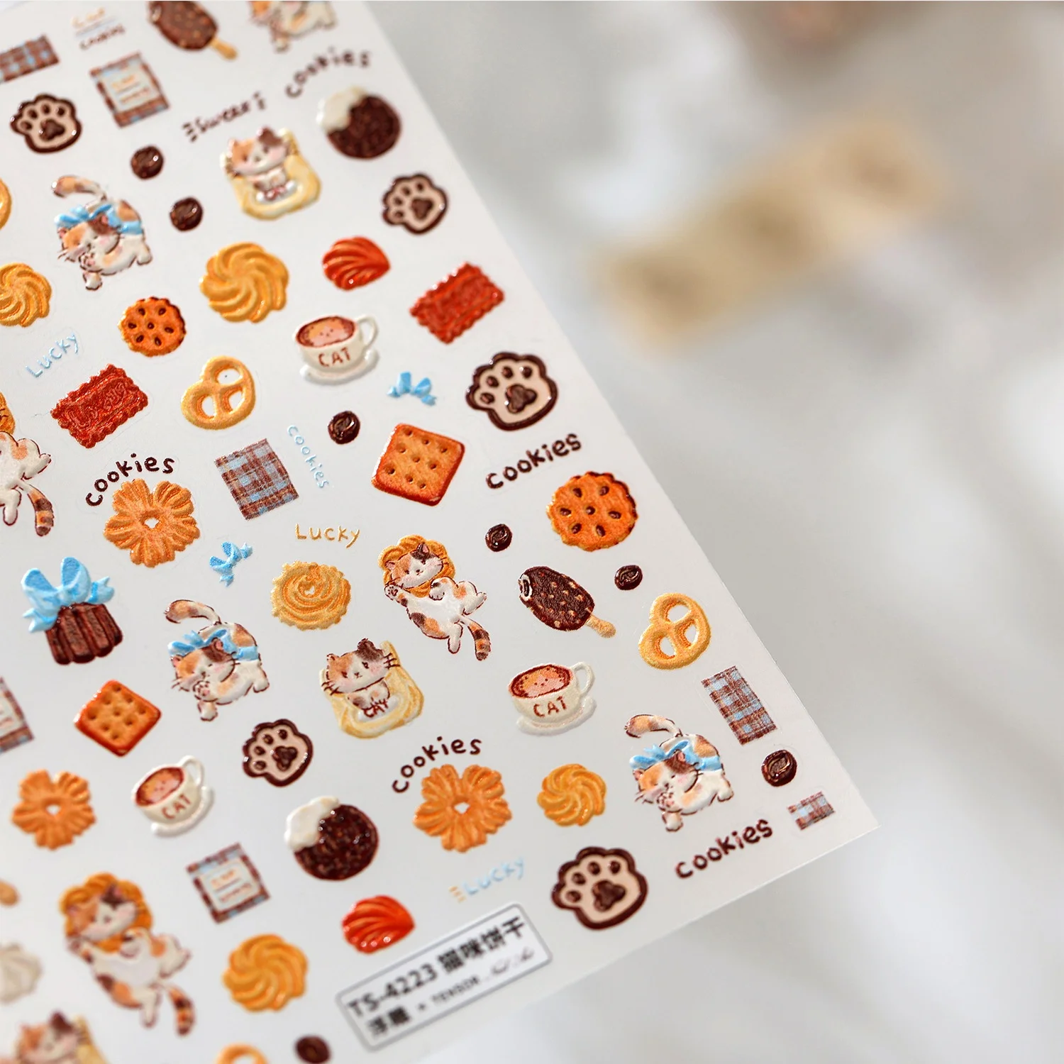 Cute Orange Cat Chocolate Ice Cream Plaid Napkin Coffee Cup Paw Print Cookies 5D Nail Stickers Self Adhesive Sweet Cozy Decor