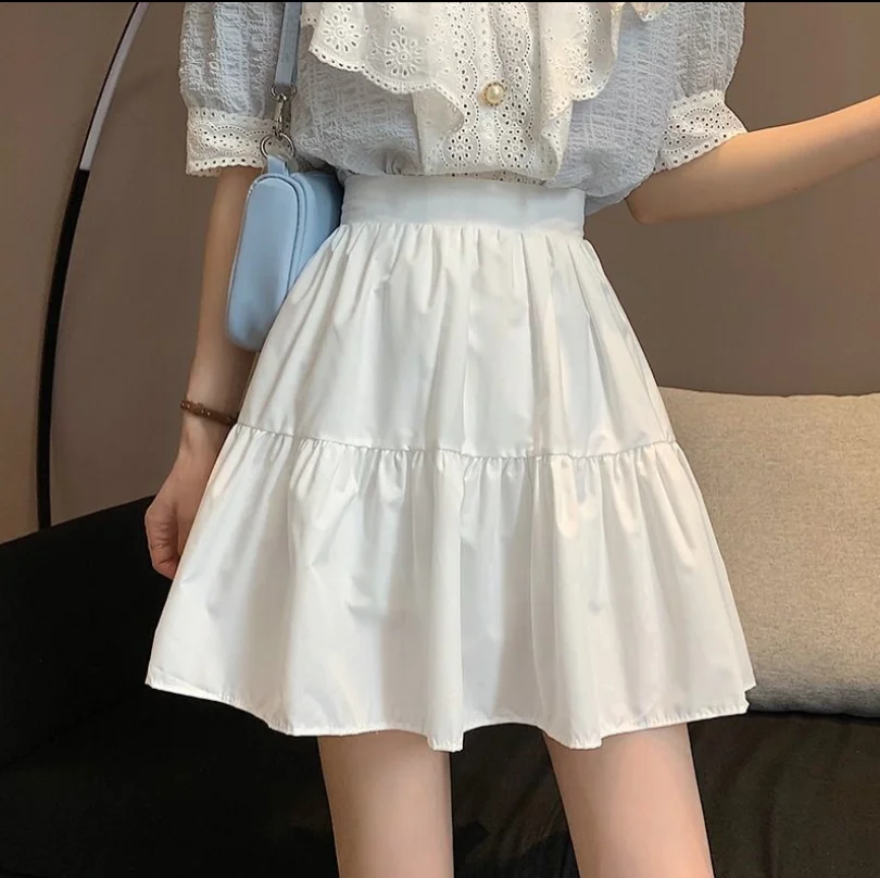 Summer Women's White Chiffon Mini Skirts Korean All-Match A-Line Skirts Woman Preppy Style Cute Cake Short Pleated Skirt Solid