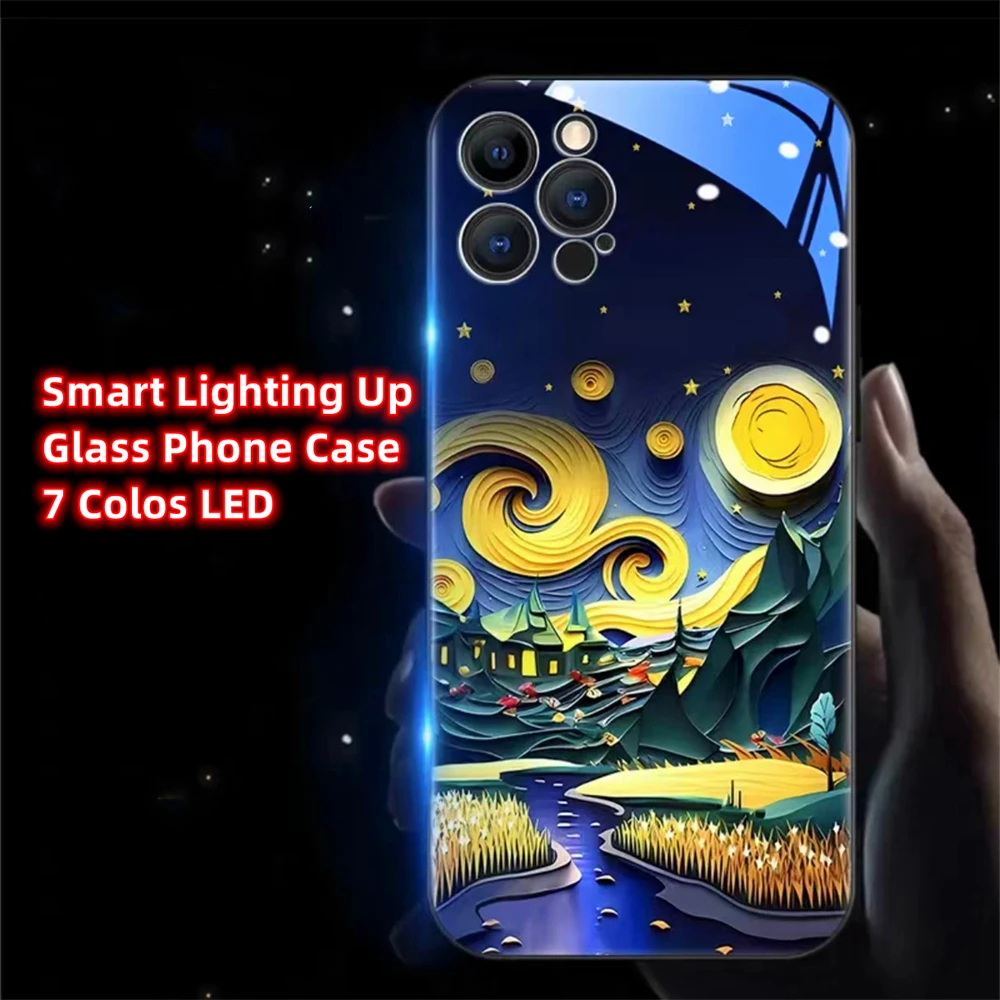 

Painting Wheat Fields Smart LED Light Glow Tempered Glass Phone Case For Samsung S24 S23 S22 S21 S20 FE Note 10 20 Plus Ultra