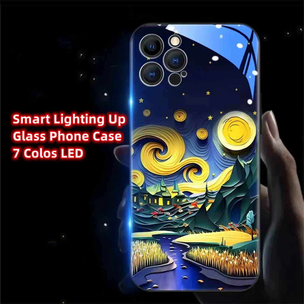 Painting Wheat Fields Smart LED Light Glow Tempered Glass Phone Case For Samsung S24 S23 S22 S21 S20 FE Note 10 20 Plus Ultra