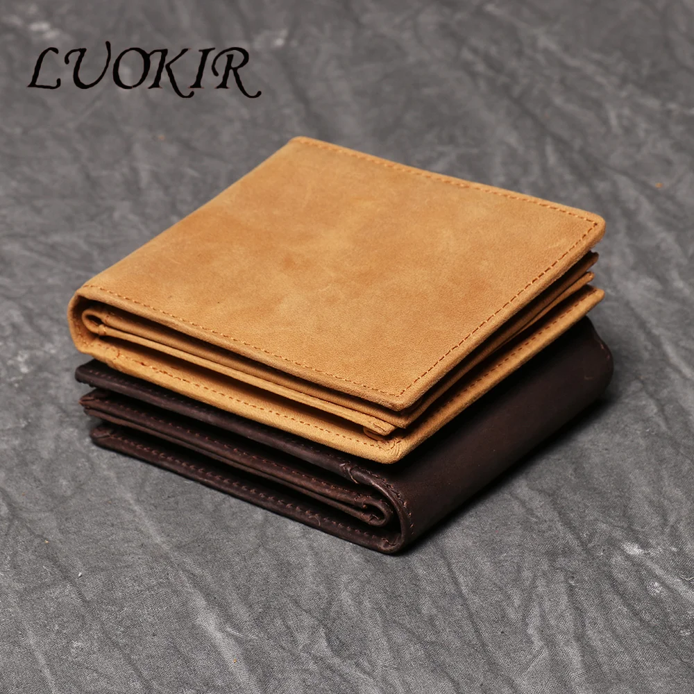 LUOKIR New Top Layer Cowhide Short Wallet, Genuine Leather Retro RFID Change Clip, Crazy Horse Leather Multi Slot Men's Card Bag