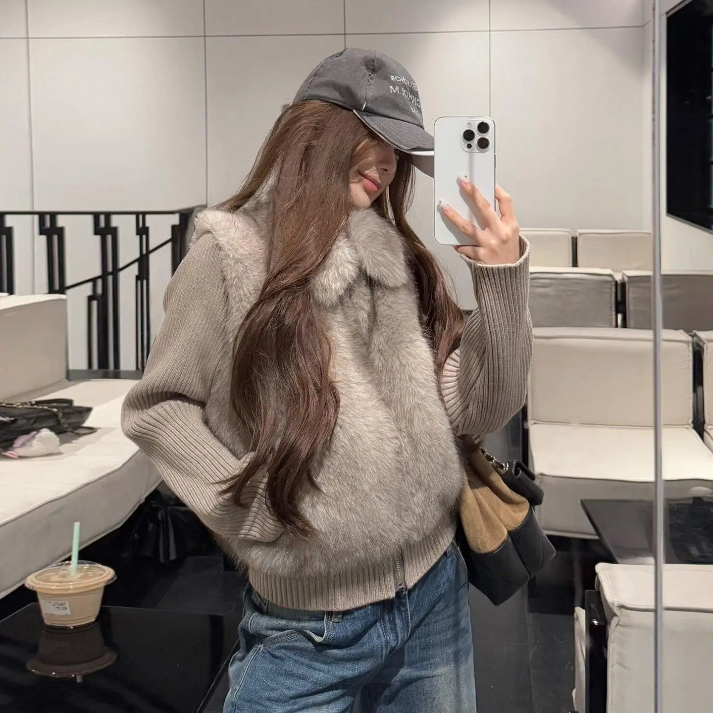 Women's Faux Fox Fur Vest Knit Spliced Fur Coat Winter Warm Thickened Cropped Zipper Casual Korean Style Sweater Patch Outerwear