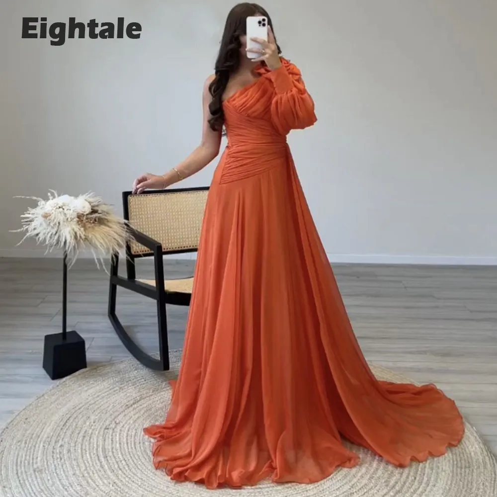 Eightale Orange Evening Dress One Shoulder Long Sleeve Chiffon Pleats Flower Arabic Formal Prom Party Gowns Robes De Soirée