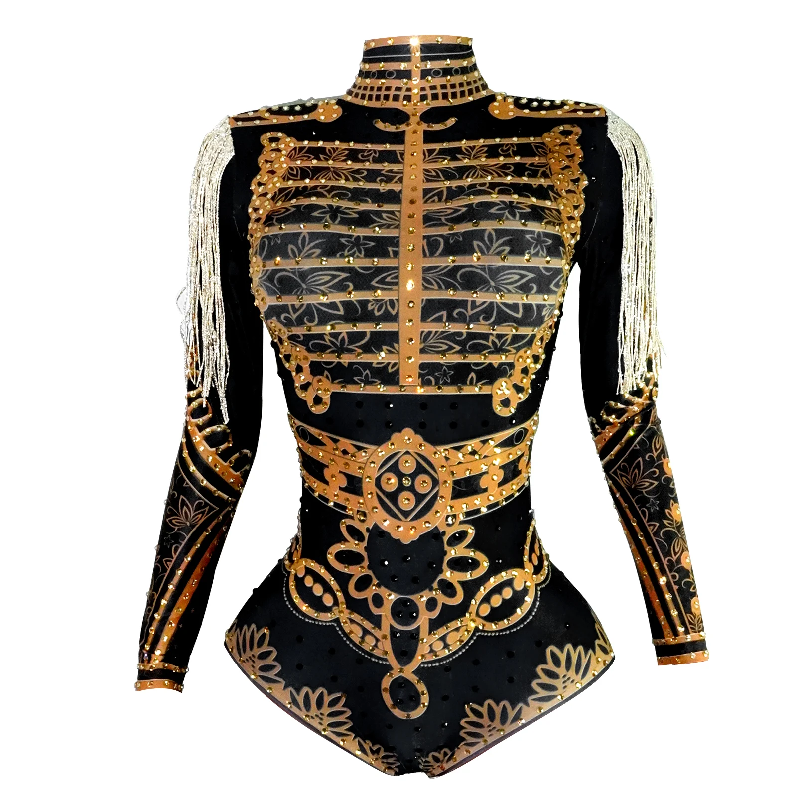 

Sparkly Gold Black Rhinestones Bodysuit Braiding Hussar Officers Leotard Show Stage Dance Wear Party Nightclub Drag Queen Outfit