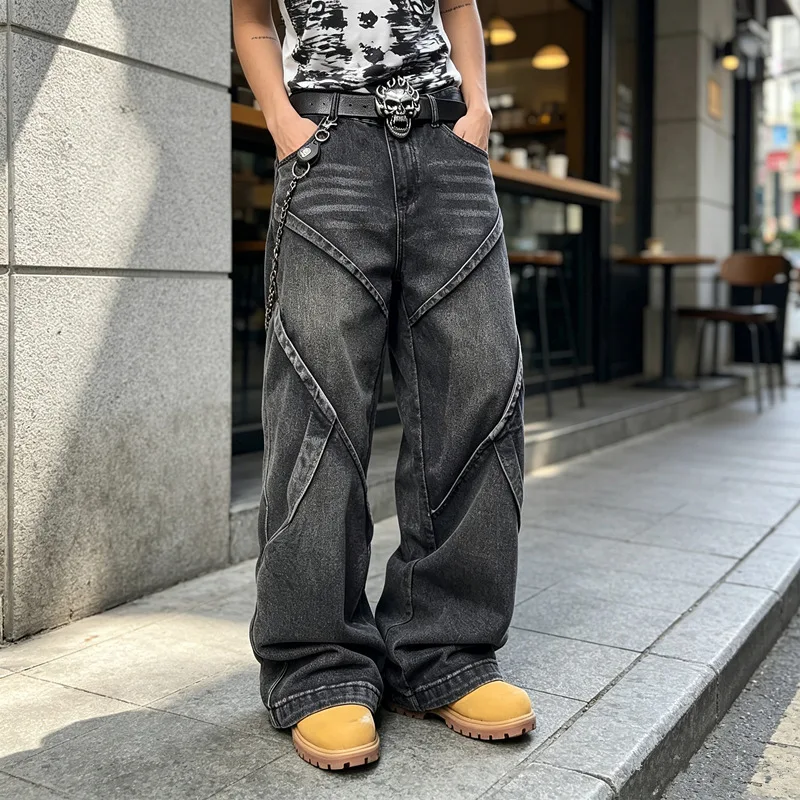 Men Baggy Wide Leg Jeans Vintage Washed Spliced Stitch Denim Pants Loose Skater Hip Hop Streetwear Denim Trousers Spring Autumn