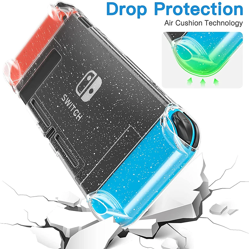 Capa dura com glitter transparente, capa transparente de cristal brilhante para nintendo switch oled ns joy-con controlador protetor de aperto de mão