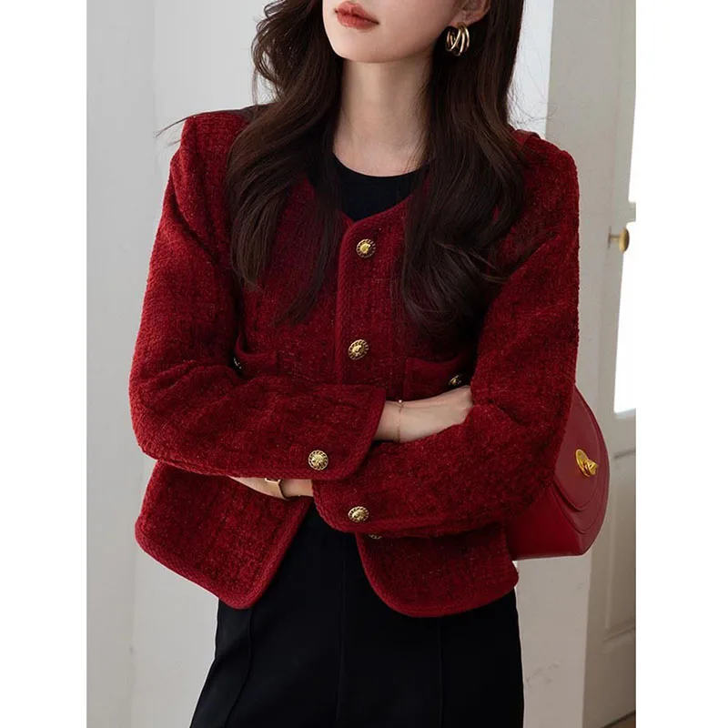 Lucyever Wine Red Tweed Coats Female 2024 Autumn Winter New Fashion Temperament Short Jacket Korean All-Match O-Neck Outerwear