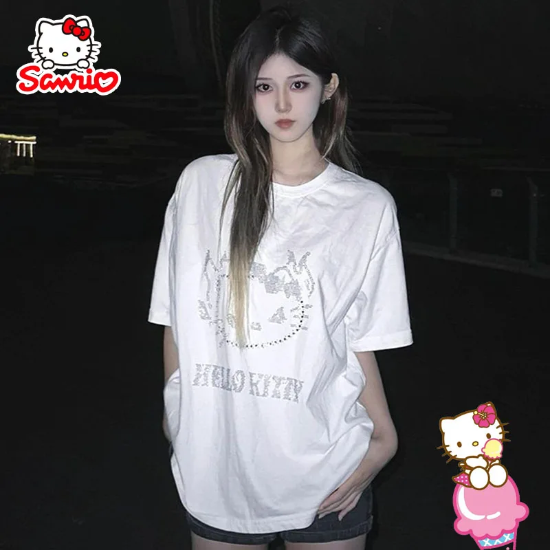 Sanrio Hello Kitty T-Shirt Short Sleeve Women\'s Y2k Summer American Vintage Kawaii Loose Breathable Girl Females Casual Top Gif