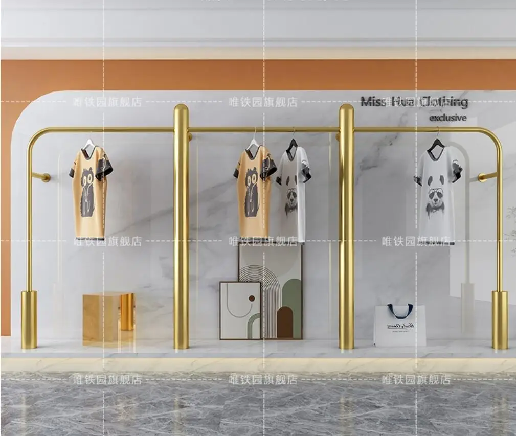 

High end stainless steel wall display shelves for men's and women's clothing stores, cylindrical hanging clothes racks