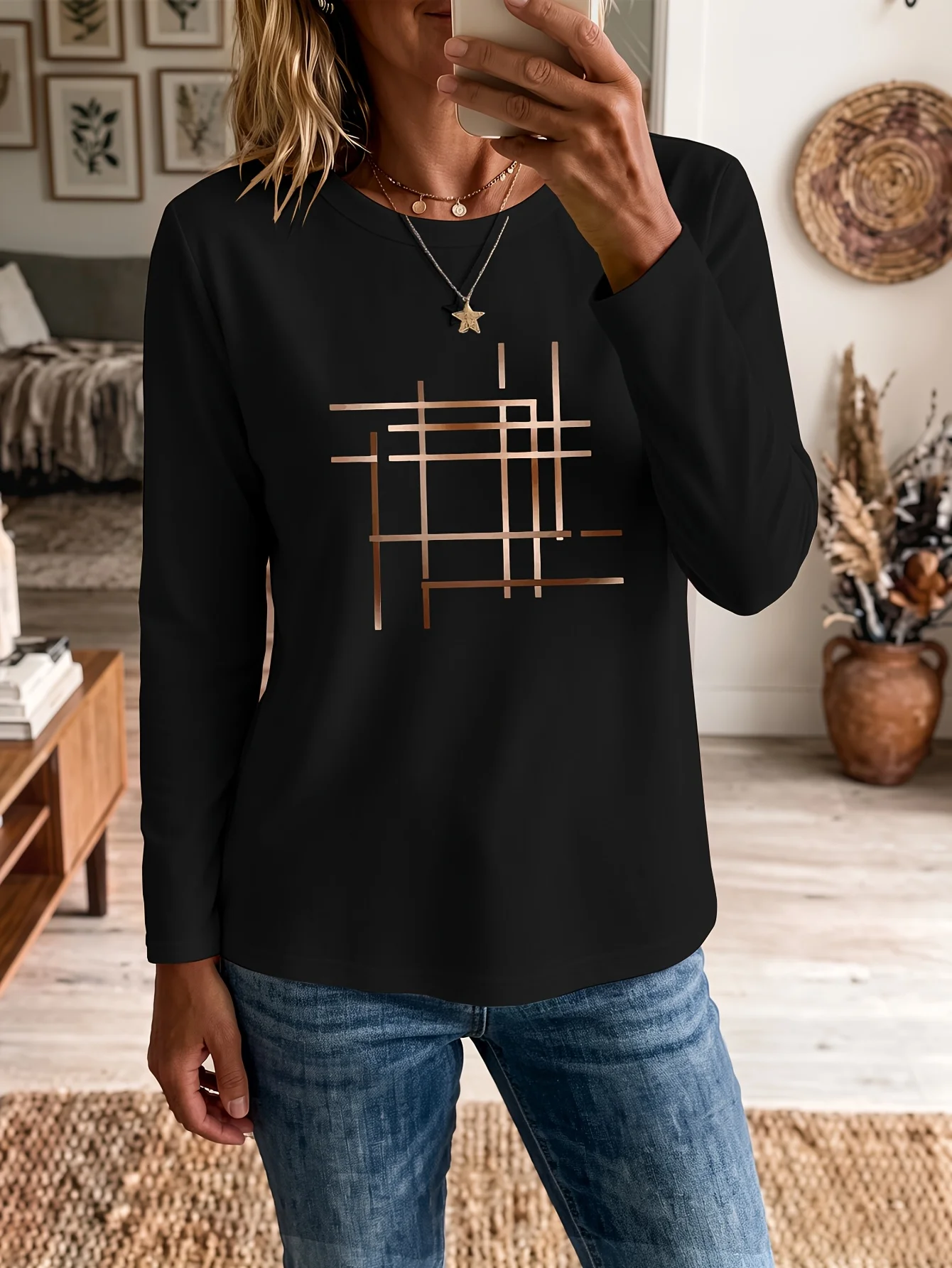 Horizontal and Vertical Intersecting Metallic Texture Checkered Line Pattern Print Long Sleeve T-Shirt Fresh and Breathable Tops