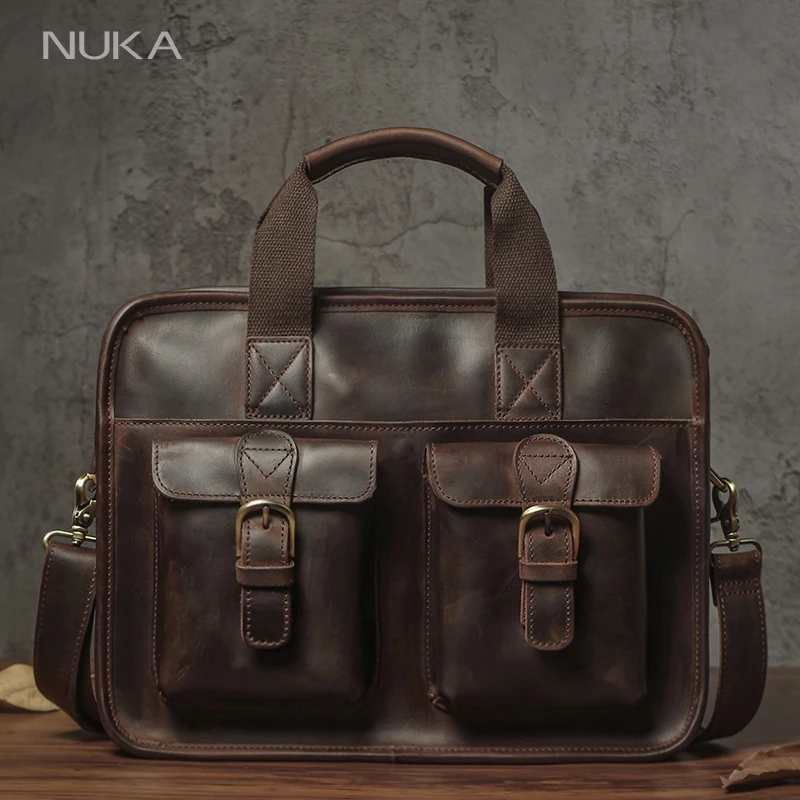 NUKA Retro Natural Cowhide Handbag Men's Real Leather Executive Briefcase Luxury Business Shoulder Bag Daily File Messenger Bags