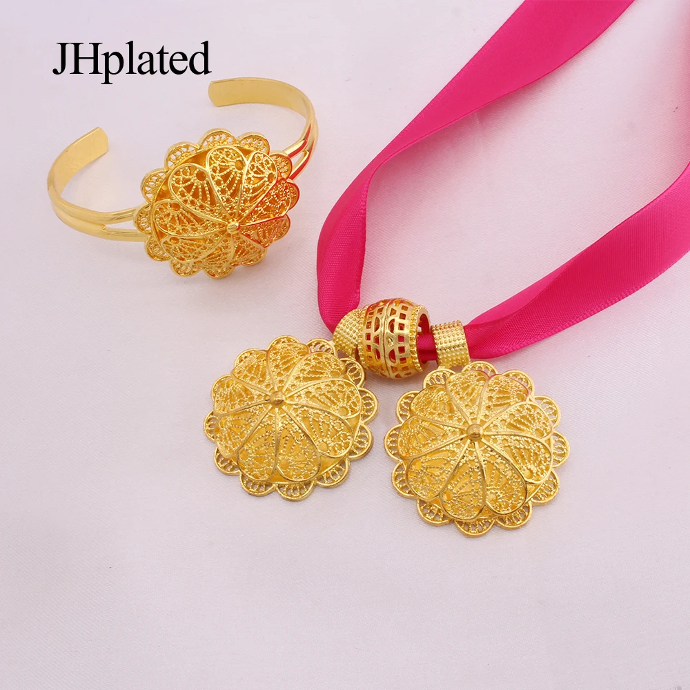 Ethiopian gold plated Jewelry sets earrings hairpin necklace bracelet rings African wedding gifts India Black rope set for women