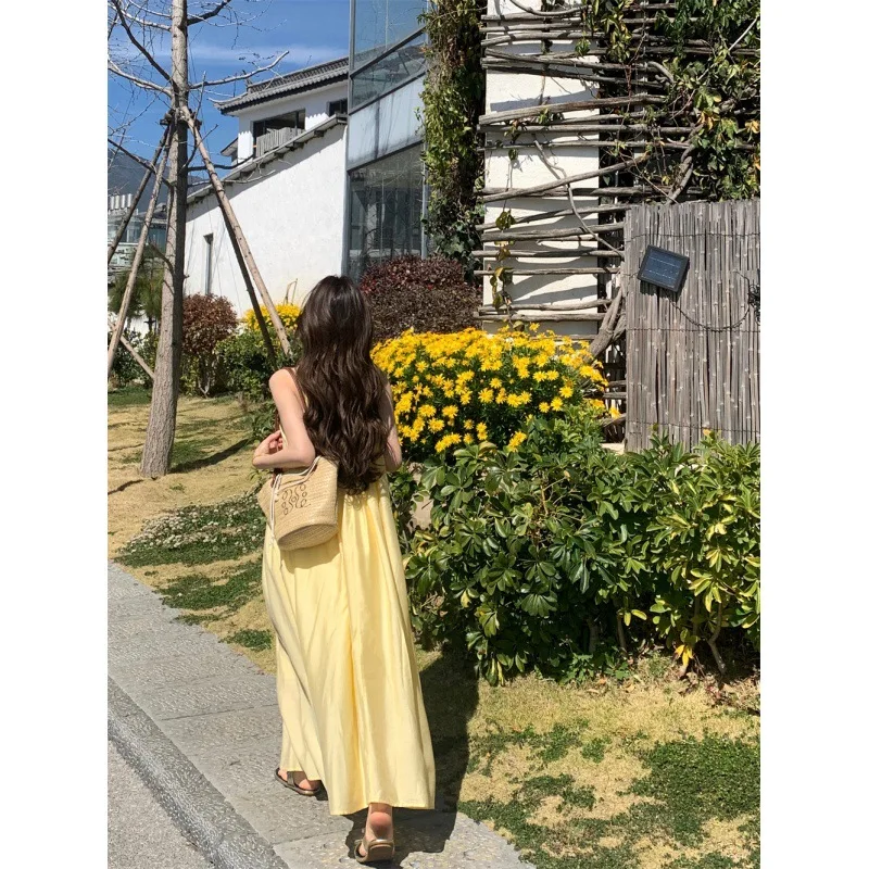 Summer Sexy Sleeveless Long Dress Spaghetti Strap French Yellow Dress Women's Long Dresses Silm Fashion A-line Shirt Y2k Clothes