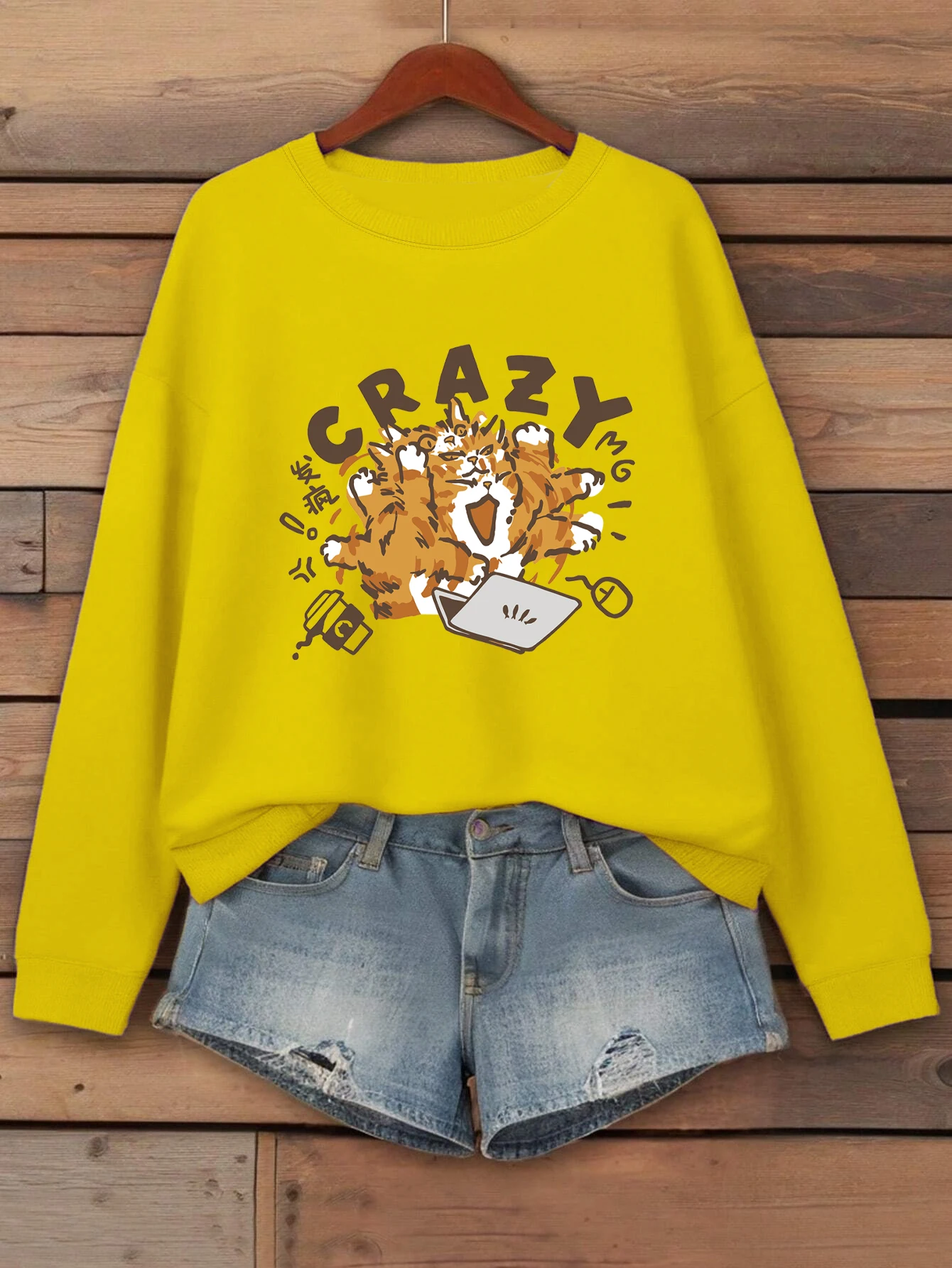 Crazy Working Coffee Cat Pattern Streetwear Donna Girocollo Felpa casual Autunno Pullover allentato Jogging Abbigliamento in pile