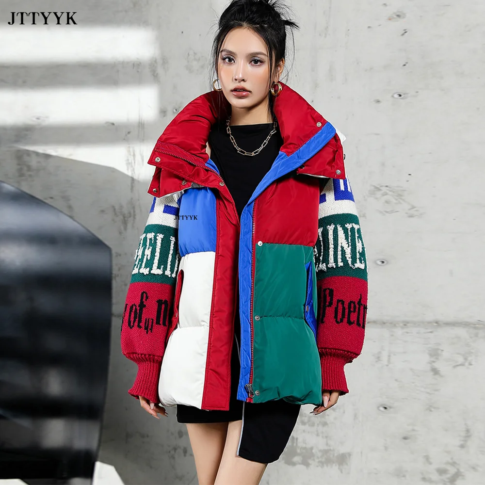 Streetwear Letter Stitching Fashion Down Jacket Women\'s New Hooded Parka Loose Winter Down Coat Female Thick Casual Warm Clothes