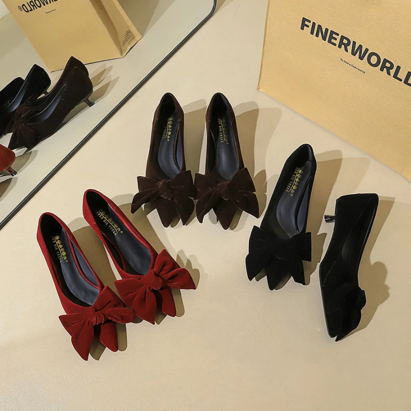 Korean Temperament Suede Stiletto Single Shoes With Pointed Toe And Versatile Bow Casual Low-Heeled Commuting Shoes For Women - view 5