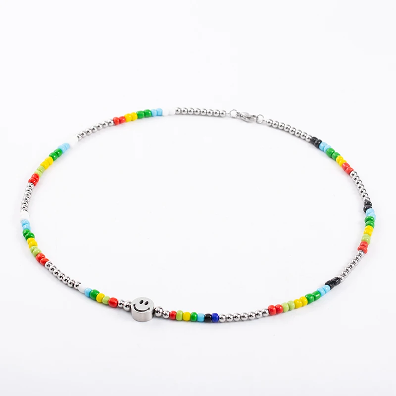 High Quality Vintage Temperament Male/Female Pendant Stainless Steel Rainbow Glass Beads Smiley Face Necklaces view 5
